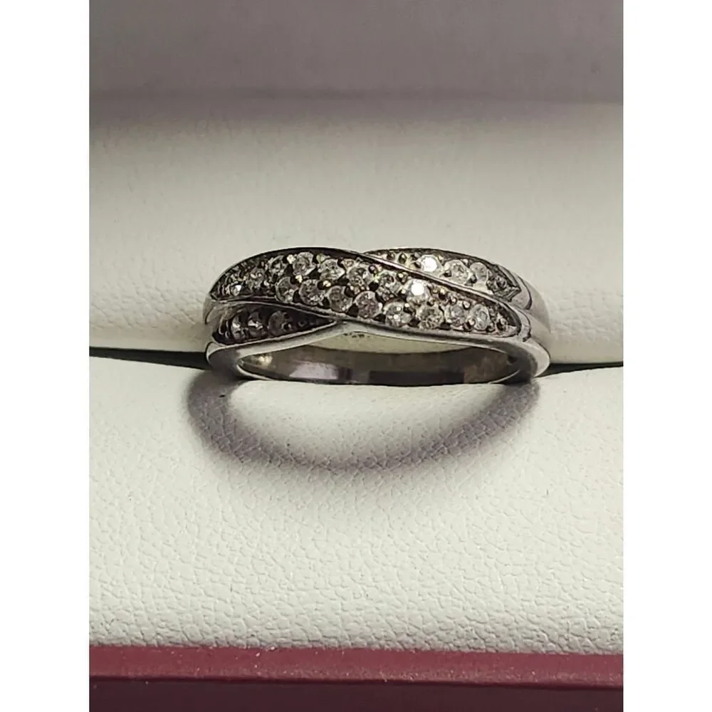 Sterling Silver Pave Crystal Crossover Ring Size 7